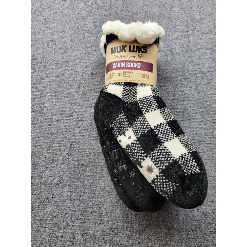Muk Luks Cabin Socks 2 Pair Pack Buffalo Plaid Charcoal Grey S/M NEW